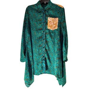 Lucky & Blessed “L&B” Glitter Leopard Print Button Down Long Length Top